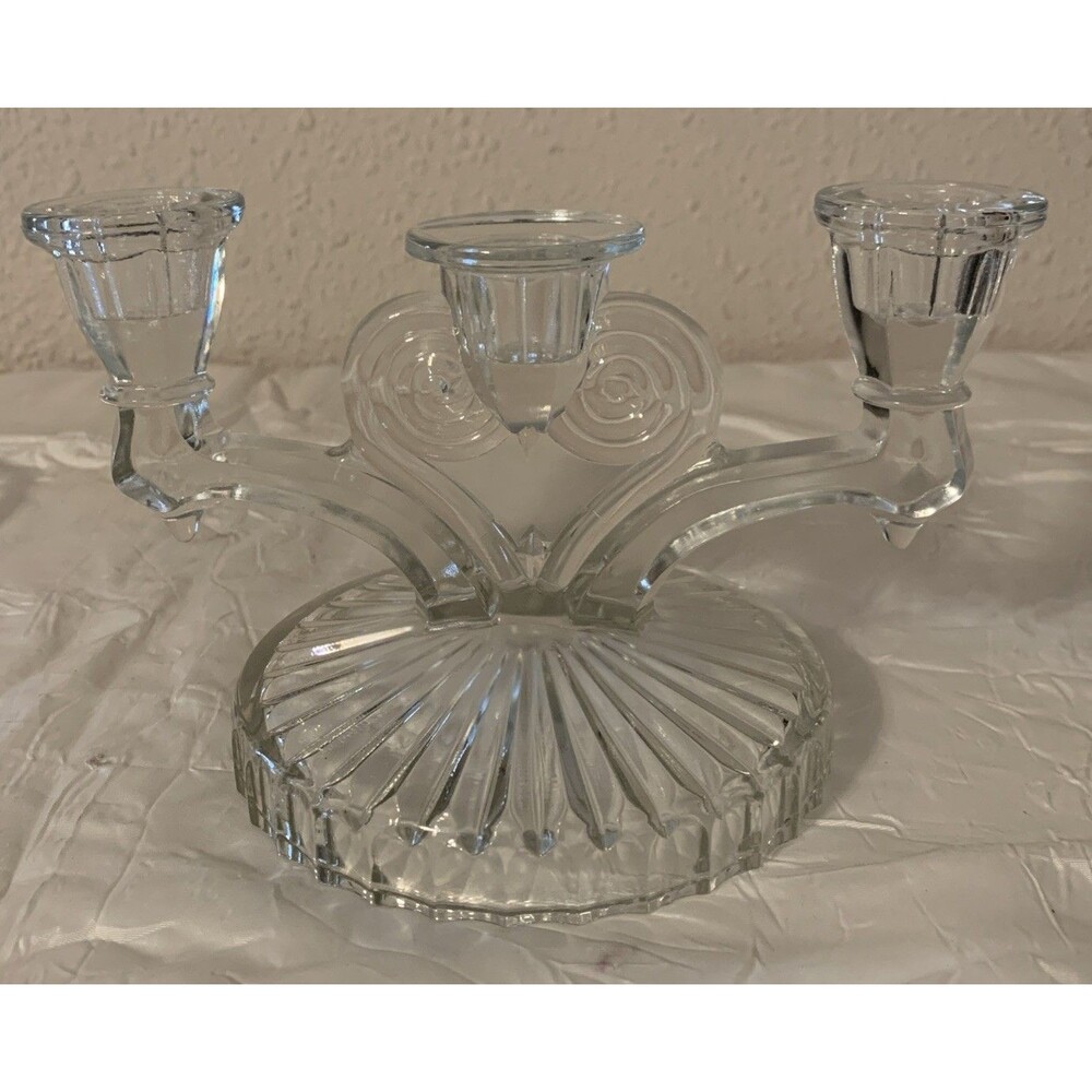 Vintage Pair Jeannette Candelabra Taper Candlestick Holders Clear Glass